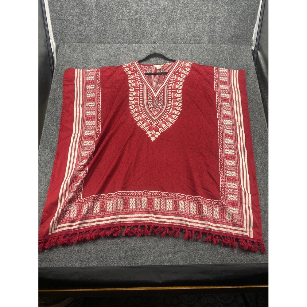 Gypsie Blu Kaftan Top Womens OS Red Dashiki Print Tassel Fringe Boho Poncho